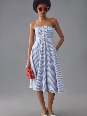 Maeve by Anthropologie Strapless A Line  Blue & White Chevron Midi Dress